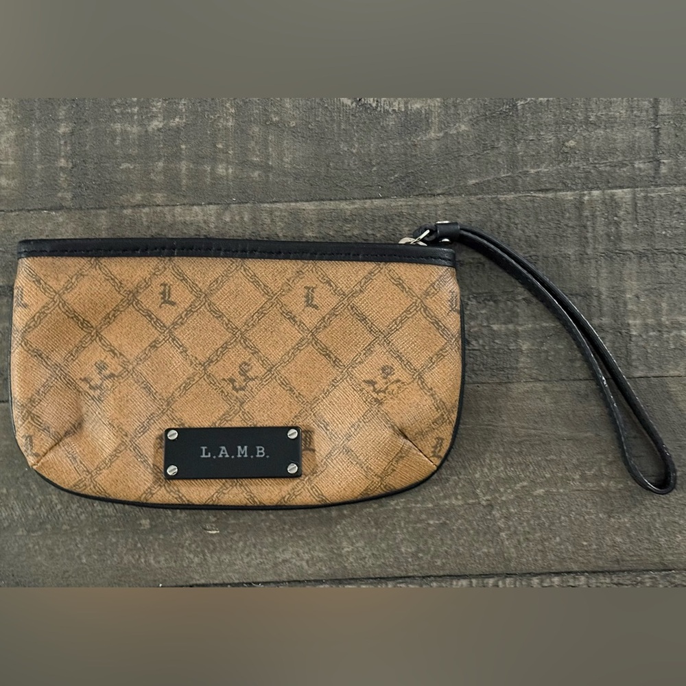 L.A.M.B Y2K Monogram Wristlet Saddle Brown Logo Mini Clutch Gwen Stefani